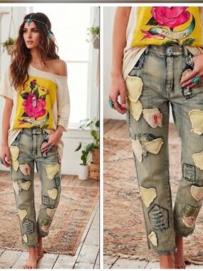 Bluevelvet Heart and Embroidery Patchwork Denim Jeans size Medium
